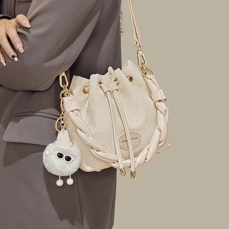 CinvaiKrose PU With Synthetic Leather Bucket Bags One Shoulder Handbags Small Size Women's Cream White/Pink/Black-4