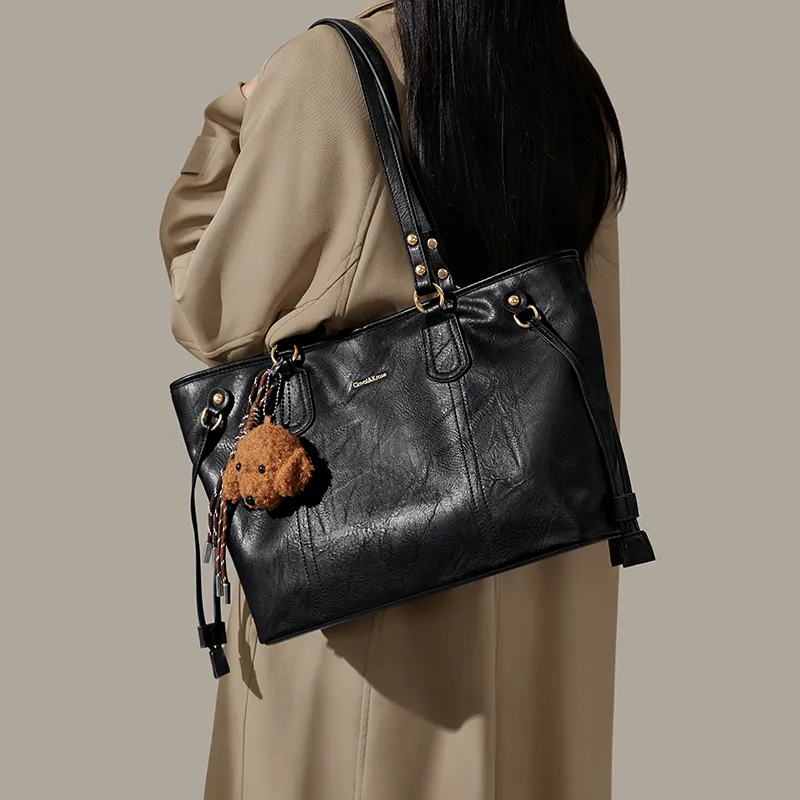 Simvay Clos PU Shoulder Bag Tote Bag Shopping Bag Large Size Women's Coffee/Ecru/Black-16