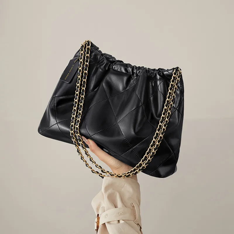 CinvaiKrose Synthetic Leather Underarm Tote Shoulder Bag Trash Bag Hobo Bag Medium Size Women's Black/Ecru-4