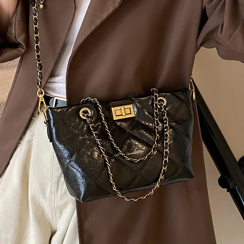 CinvaiKrose Cow Leather Bonded Synthetic Leather Handbags Shoulder Bag Crossbody Bag Small Size Women's Black-2