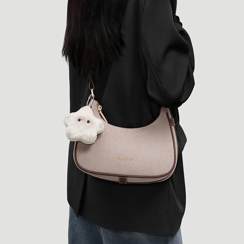 CinvaiKrose Fabric With Synthetic Leather Shoulder Bag Crossbody Bag French Shoulder Bag Small Size Women's Brown-3