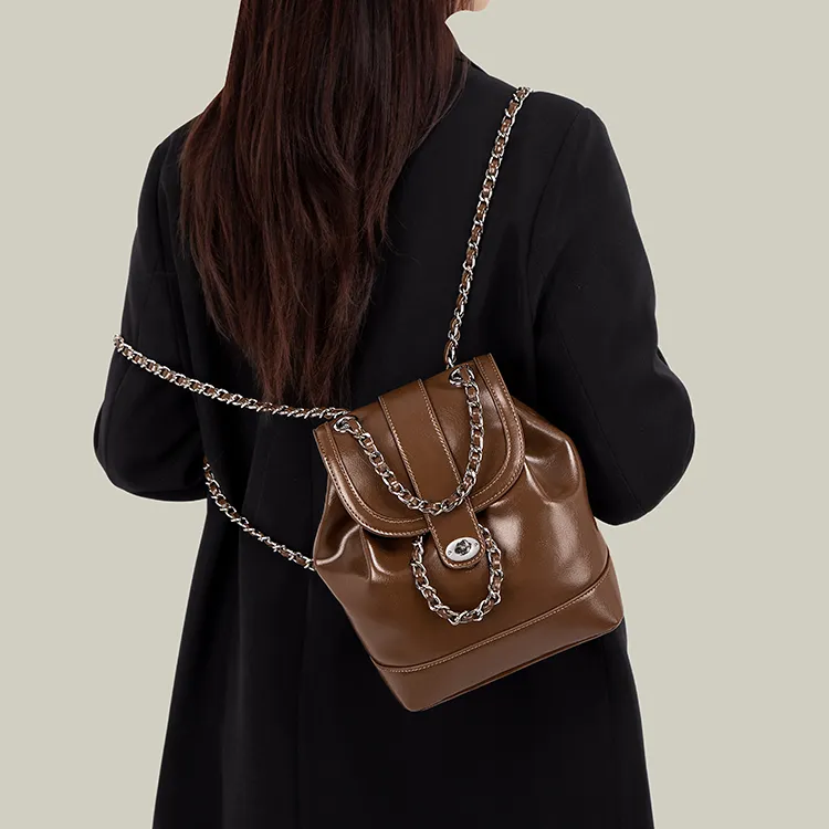 Simvay Clos PU Chain Backpack Medium Size Women's Black/Brown-13