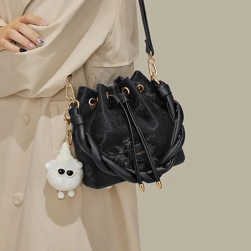 CinvaiKrose PU With Synthetic Leather Bucket Bags One Shoulder Handbags Small Size Women's Cream White/Pink/Black-11