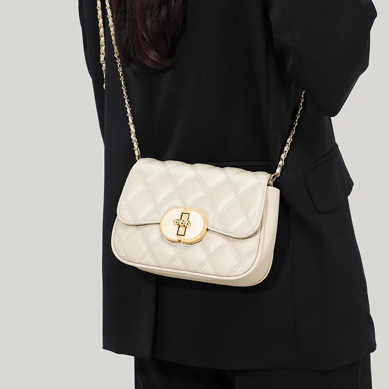 Simvay Clos Cow Leather With Synthetic Leather Chain Shoulder Bag Crossbody Bag Small Size Women's Black/Ecru-11