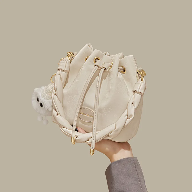CinvaiKrose PU With Synthetic Leather Bucket Bags One Shoulder Handbags Small Size Women's Cream White/Pink/Black-3