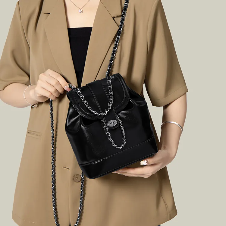 Simvay Clos PU Chain Backpack Medium Size Women's Black/Brown-4
