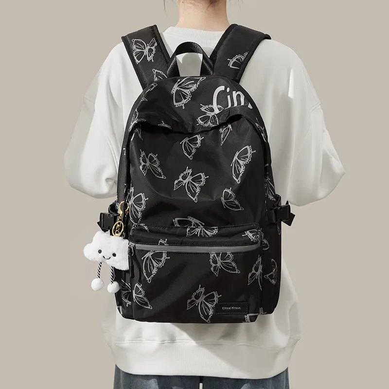 CinvaiKrose Fabric, Synthetic Leather Backpack Large Size Women's Ecru/Black-8