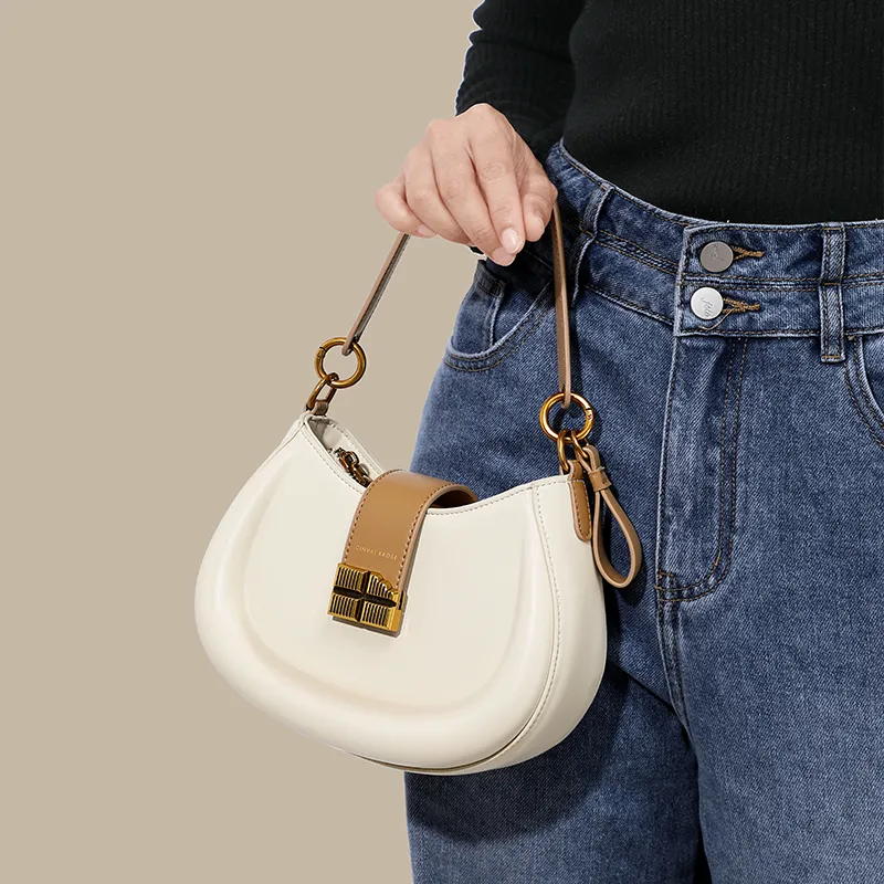 Simvay Clos PU Saddle Bag Shoulder Bag Crossbody Bag Handbag Small Size Women's Ecru/Brown/Black-5