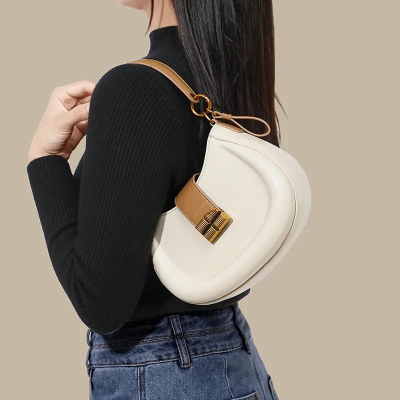 Simvay Clos PU Saddle Bag Shoulder Bag Crossbody Bag Handbag Small Size Women's Ecru/Brown/Black-3