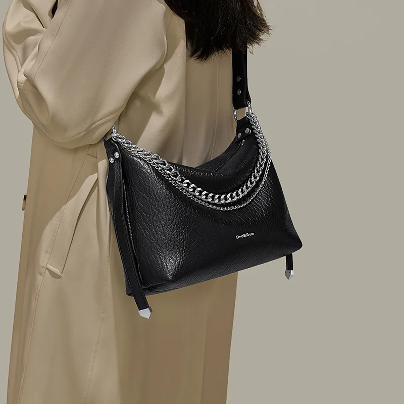 Simvay Clos Cow Leather With Synthetic Leather Shoulder Bag Crossbody Bag Small Size Women's Black/Gray White-5
