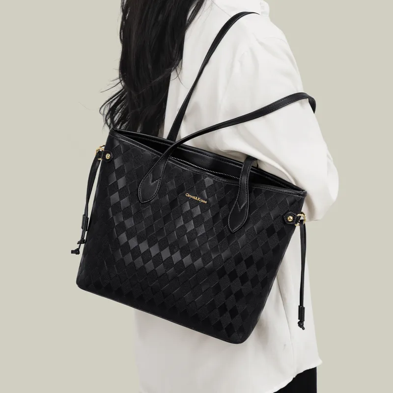 CinvaiKrose PU Bonded Synthetic Leather Shoulder Bag Tote Small Size Women's Diamond Pattern Ecru/Diamond Pattern Black-8