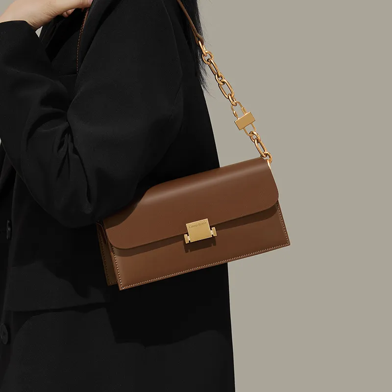 Simvay Clos Cow Leather With Synthetic Leather Shoulder Bag Crossbody Bag French Shoulder Bag Small Size Women's Brown-3