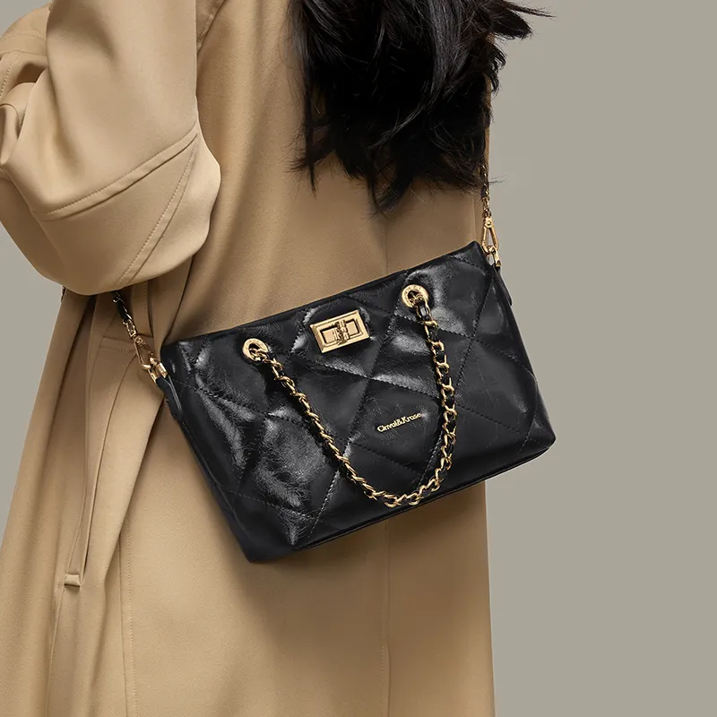 CinvaiKrose Cow Leather Bonded Synthetic Leather Handbags Shoulder Bag Crossbody Bag Small Size Women's Black-4