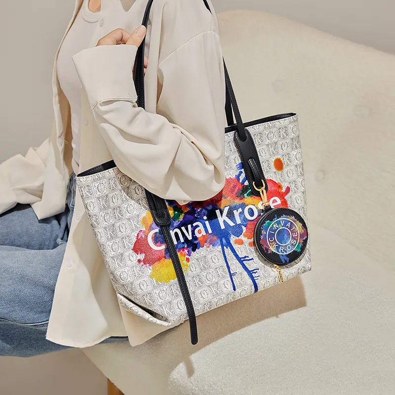 Simvay Clos PVC With Synthetic Leather One Shoulder Shoulder Bag Tote Tote Large Size Women's Gray Plaid Beige White-1
