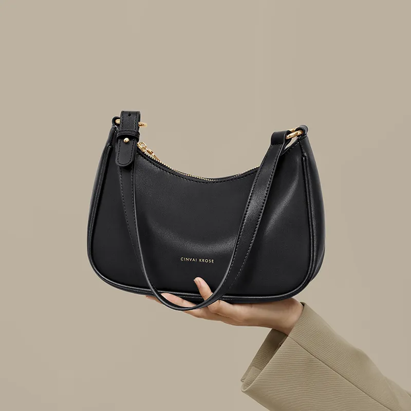 CinvaiKrose Cow Leather With Synthetic Leather Crescent Bag Shoulder Bag Small Size Women's Ecru/Black-11