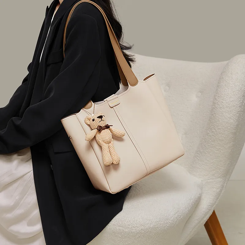 CinvaiKrose Cow Leather Handbag, Tote Bag, Tote Bag, Shoulder Bag Tubas Women's Cream-2