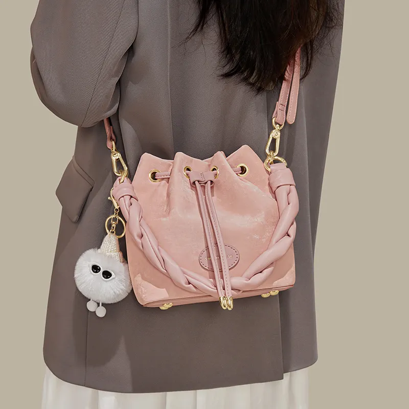 CinvaiKrose PU With Synthetic Leather Bucket Bags One Shoulder Handbags Small Size Women's Cream White/Pink/Black-9