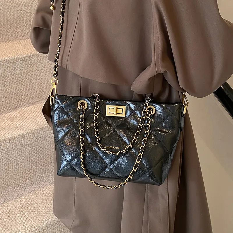 CinvaiKrose Cow Leather Bonded Synthetic Leather Handbags Shoulder Bag Crossbody Bag Small Size Women's Black-3