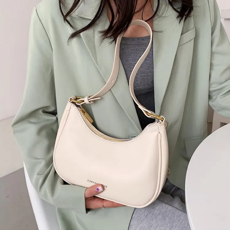 CinvaiKrose Cow Leather With Synthetic Leather Crescent Bag Shoulder Bag Small Size Women's Ecru/Black-5