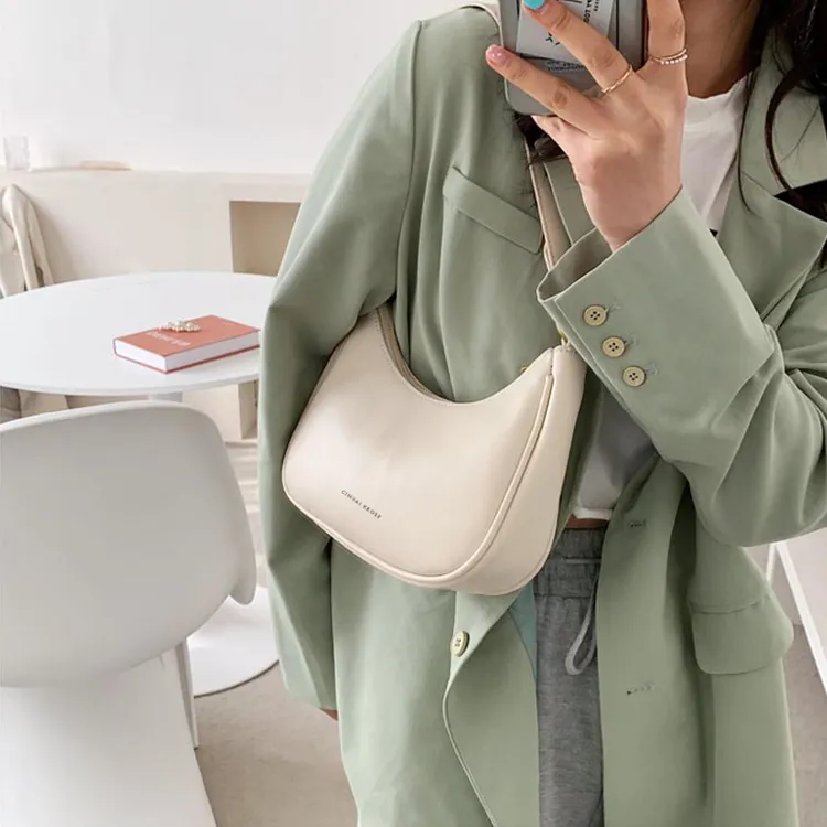 CinvaiKrose Cow Leather With Synthetic Leather Crescent Bag Shoulder Bag Small Size Women's Ecru/Black-4