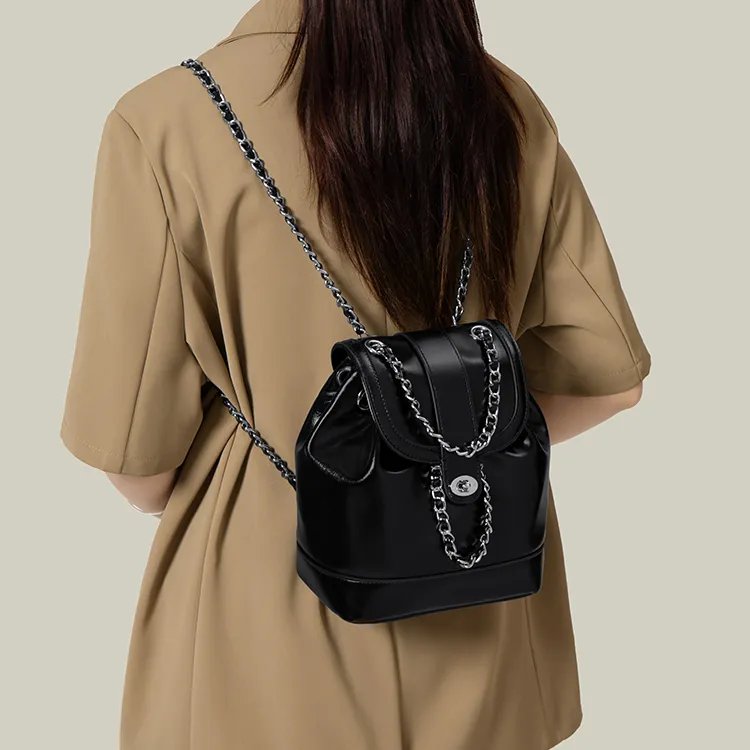 Simvay Clos PU Chain Backpack Medium Size Women's Black/Brown-3