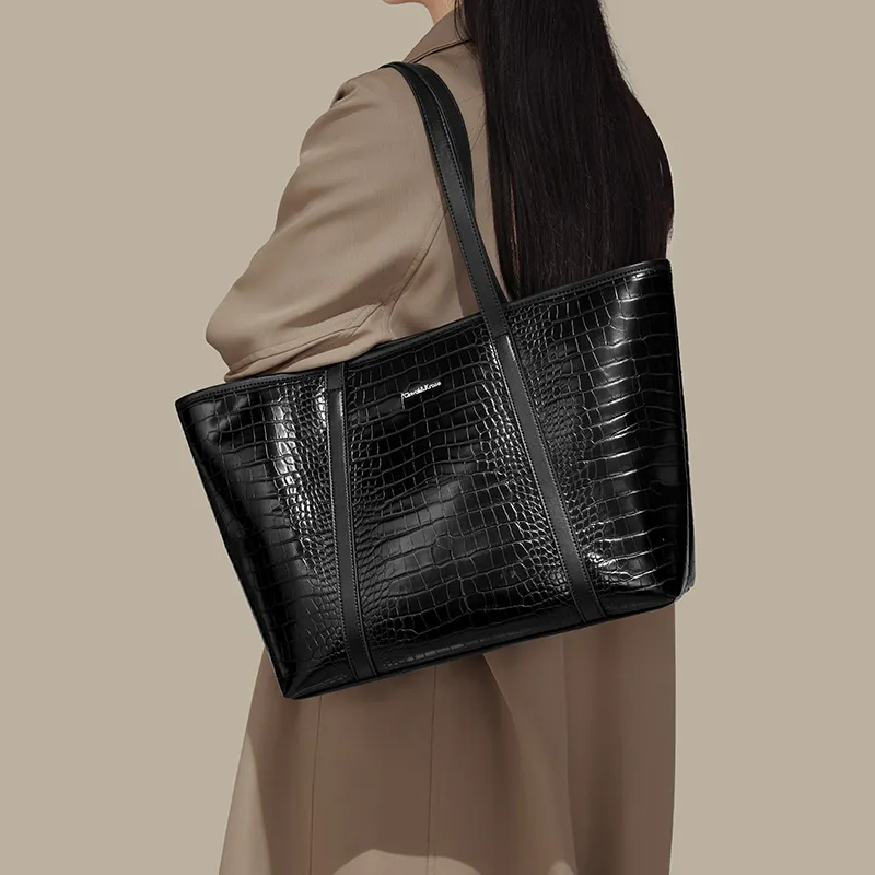 Simvay Clos PU Bonded Synthetic Leather Portable Tote Shoulder Bag Tote Shopping Bag Large Size Women's Black/Ecru-3