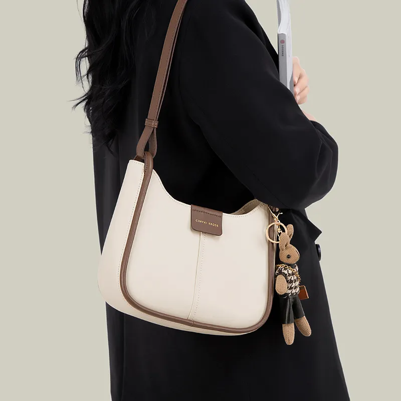 Simvay Clos Cow Leather With Synthetic Leather Bucket Bags Shoulder Bags Medium Size Women's Ecru/Coffee-1