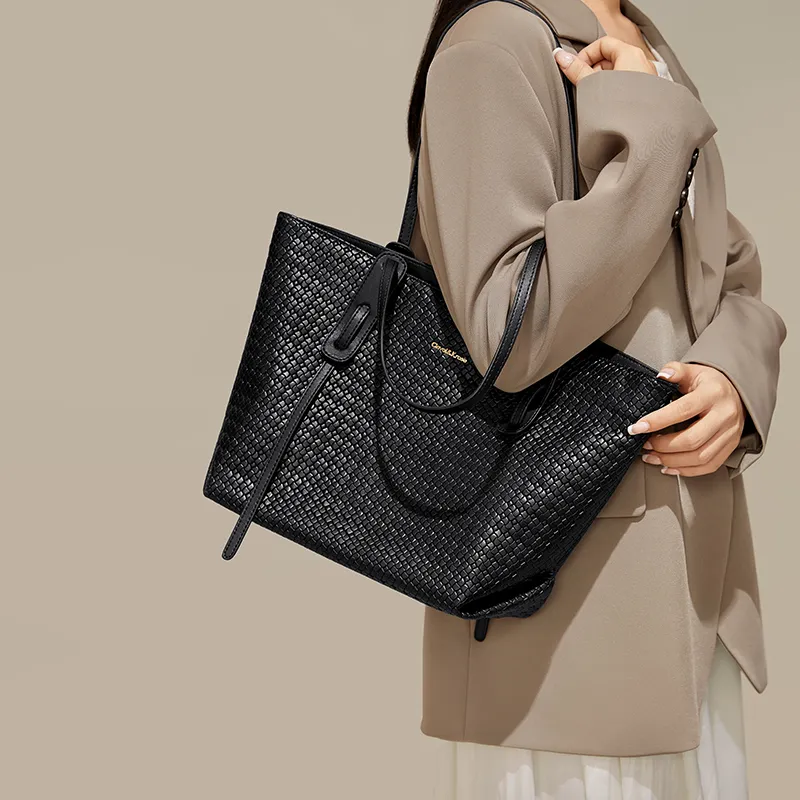 Simvay Clos PVC With Synthetic Leather Tote Bag Shopping Bag Shoulder Bag Large Size Women's Black/Ecru & Brown-7