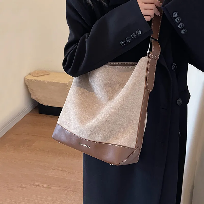 Simvay Clos Fabric With Synthetic Leather Shoulder Bag Crossbody Bag Bucket Bag Large Size Women's Coffee-2