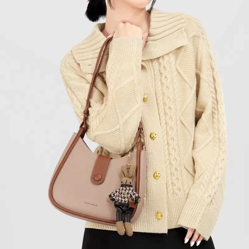 Simvay Clos Cowhide With Microfiber Shoulder Bag Crossbody Bag Crescent Bag Women's Apricot/Brown-6
