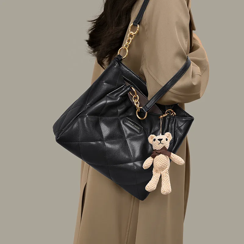 Simvay Clos Synthetic Leather One Shoulder Tote Portable Tote Shopping Bag Large Size Women's Black/Ecru-5