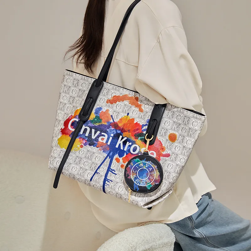Simvay Clos PVC With Synthetic Leather One Shoulder Shoulder Bag Tote Tote Large Size Women's Gray Plaid Beige White-2