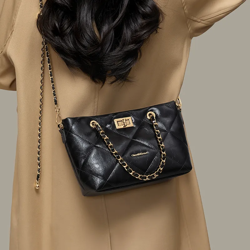 CinvaiKrose Cow Leather Bonded Synthetic Leather Handbags Shoulder Bag Crossbody Bag Small Size Women's Black-6