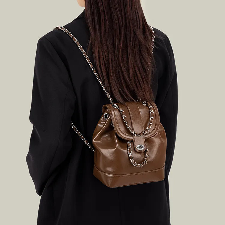 Simvay Clos PU Chain Backpack Medium Size Women's Black/Brown-11