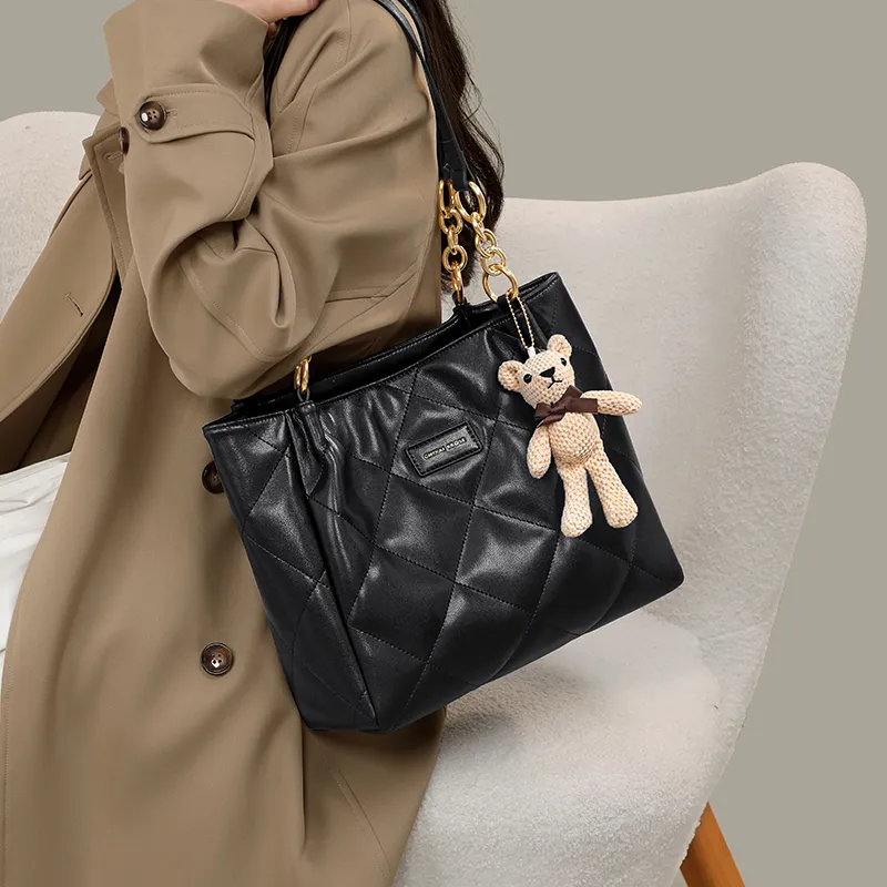 Simvay Clos Synthetic Leather One Shoulder Tote Portable Tote Shopping Bag Large Size Women's Black/Ecru-2