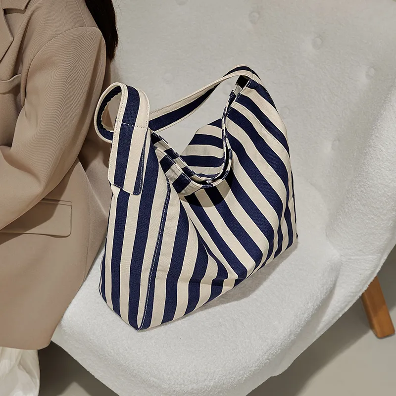Simvay Clos Fabric Tote Bag Shopping Bag Shoulder Bag Large Size Women's Blue White Stripes-6