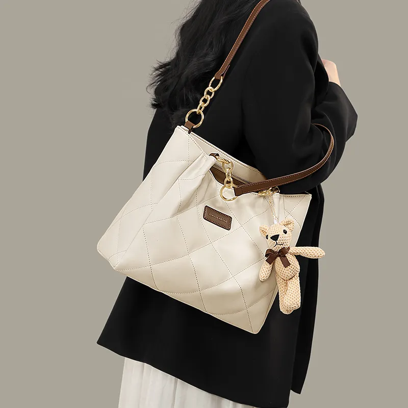 Simvay Clos Synthetic Leather One Shoulder Tote Portable Tote Shopping Bag Large Size Women's Black/Ecru-10