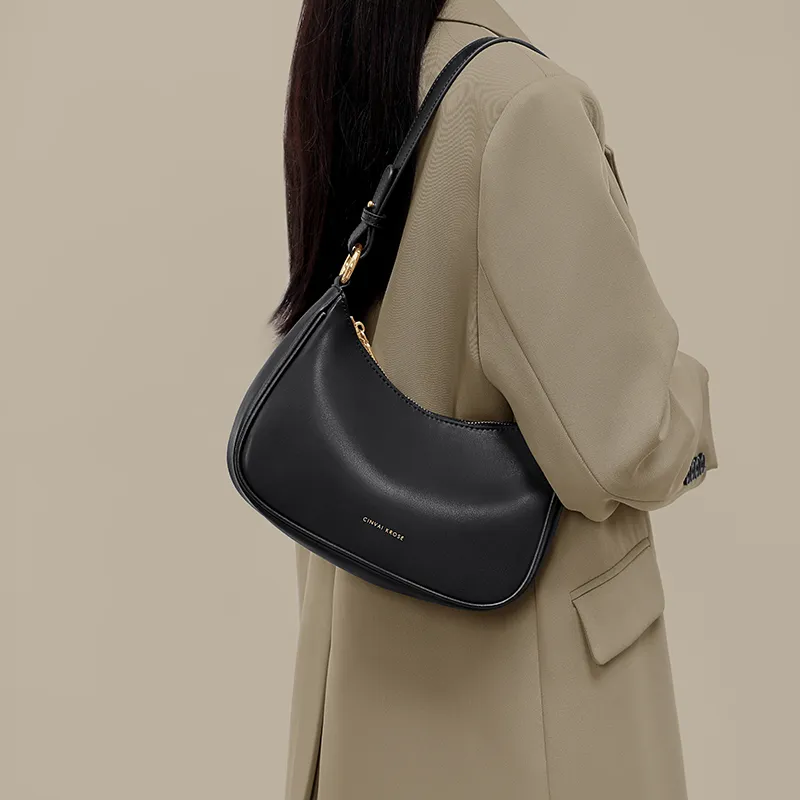 CinvaiKrose Cow Leather With Synthetic Leather Crescent Bag Shoulder Bag Small Size Women's Ecru/Black-9