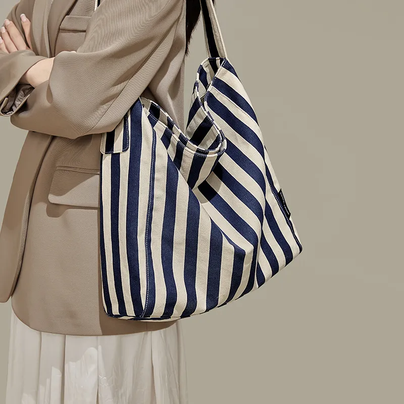 Simvay Clos Fabric Tote Bag Shopping Bag Shoulder Bag Large Size Women's Blue White Stripes-1