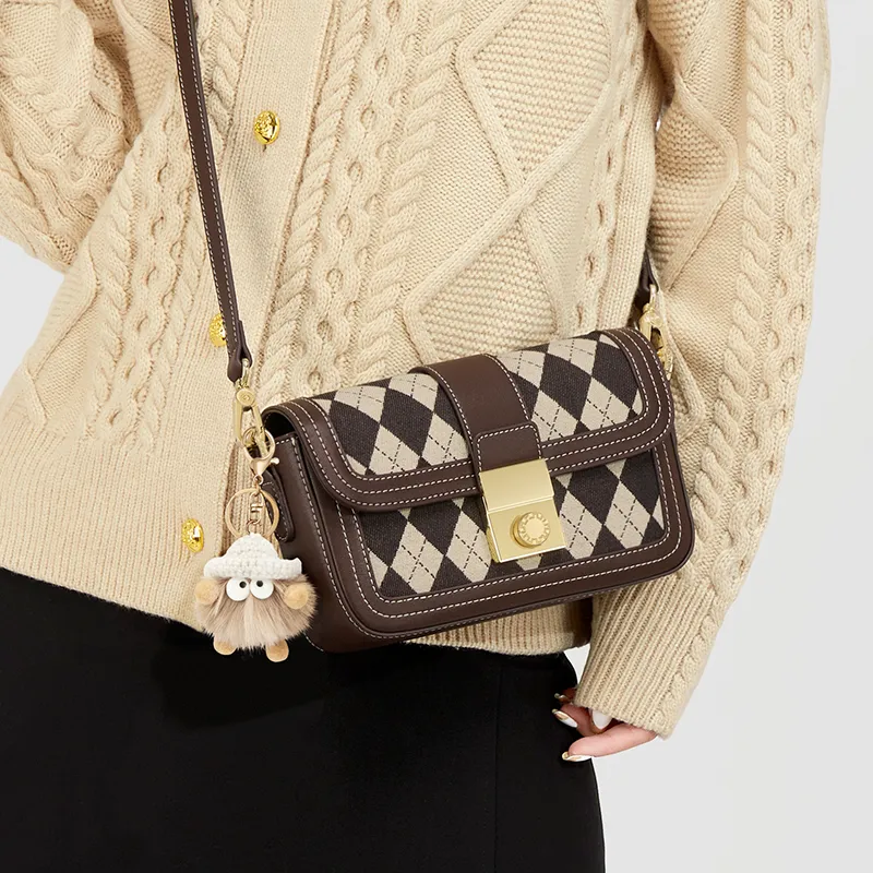 Simvay Clos Fabric Blend Microfiber Shoulder Bag Small Size Women's Diamond Pattern Brown/Diamond Pattern Black/Black-1