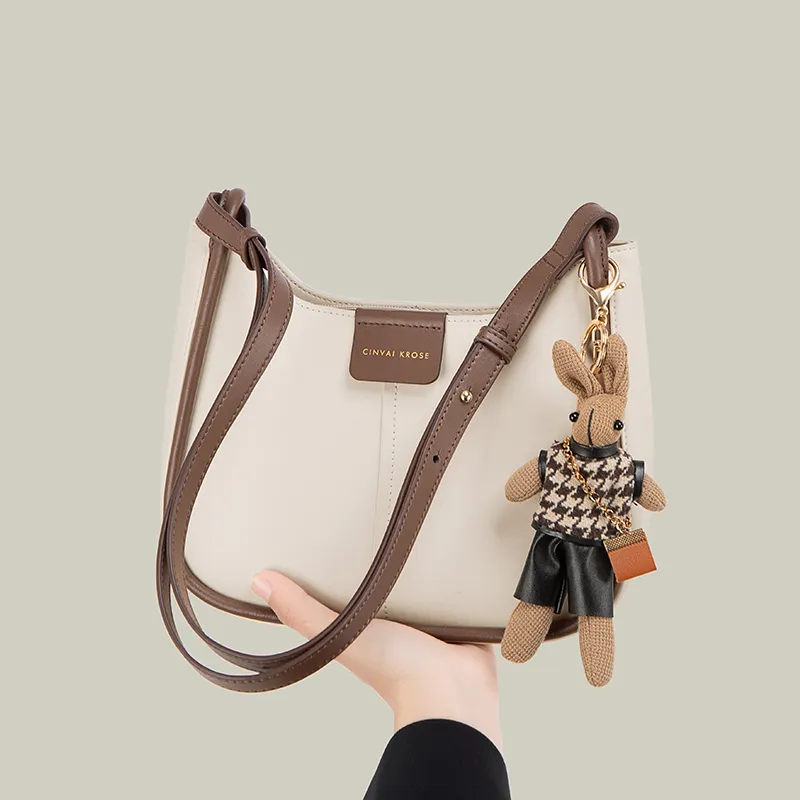 Simvay Clos Cow Leather With Synthetic Leather Bucket Bags Shoulder Bags Medium Size Women's Ecru/Coffee-5