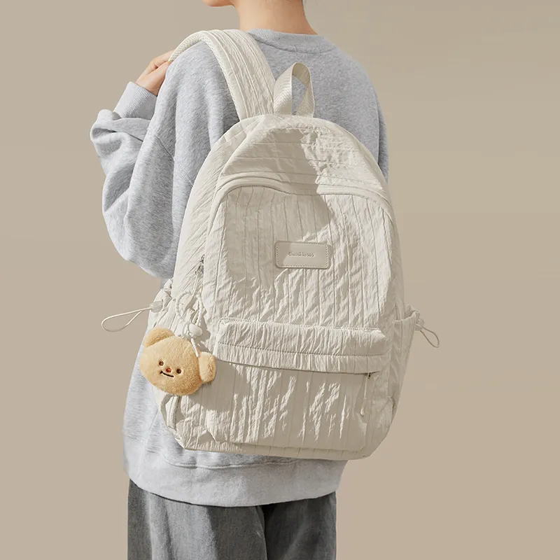 CinvaiKrose Fabric With Synthetic Leather Backpack Large Size Women's Cream White/Milk Tea Beige-3