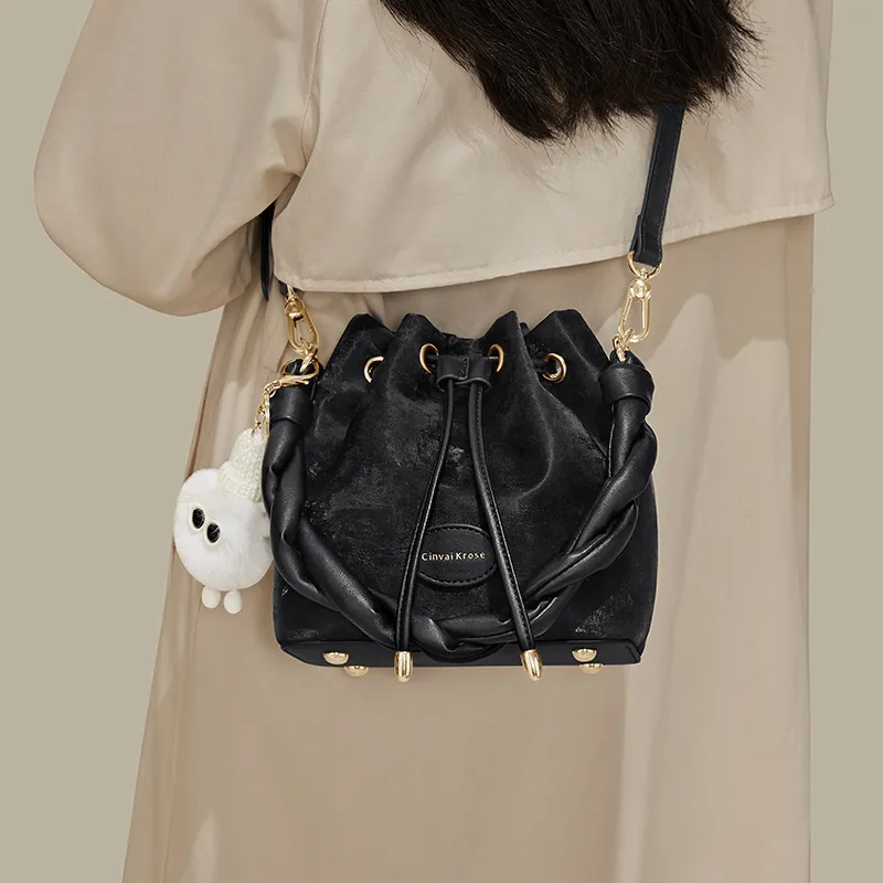 CinvaiKrose PU With Synthetic Leather Bucket Bags One Shoulder Handbags Small Size Women's Cream White/Pink/Black-12
