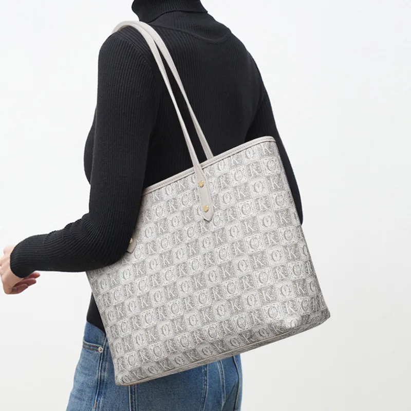 CinvaiKrose PVC One Shoulder Bag, Tote, Monogram Tote Large Size Women's Linen Gray/Khaki-3