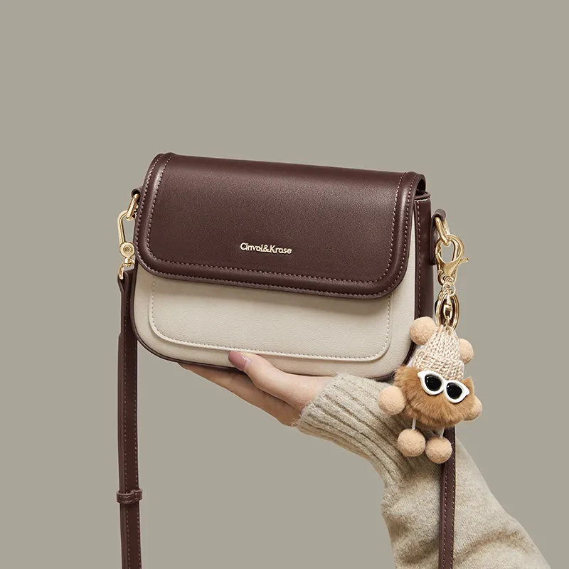 CinvaiKrose Cow Leather With Synthetic Leather Shoulder Bag, Crossbody Bag Small Size Women's Ecru & Coffee-1