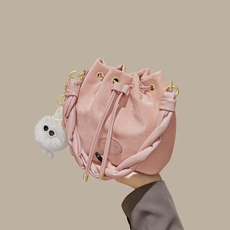 CinvaiKrose PU With Synthetic Leather Bucket Bags One Shoulder Handbags Small Size Women's Cream White/Pink/Black-7