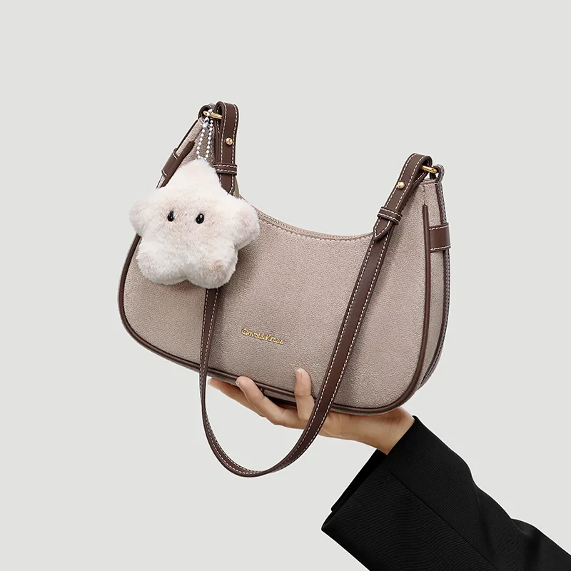 CinvaiKrose Fabric With Synthetic Leather Shoulder Bag Crossbody Bag French Shoulder Bag Small Size Women's Brown-2