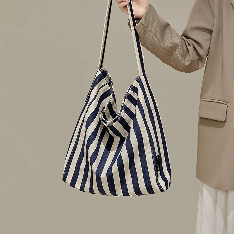 Simvay Clos Fabric Tote Bag Shopping Bag Shoulder Bag Large Size Women's Blue White Stripes-4