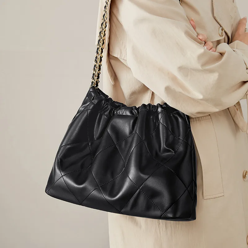 CinvaiKrose Synthetic Leather Underarm Tote Shoulder Bag Trash Bag Hobo Bag Medium Size Women's Black/Ecru-1
