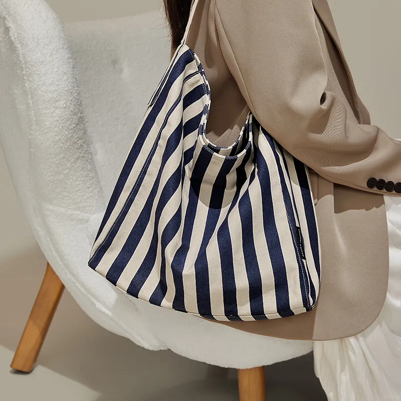 Simvay Clos Fabric Tote Bag Shopping Bag Shoulder Bag Large Size Women's Blue White Stripes-5